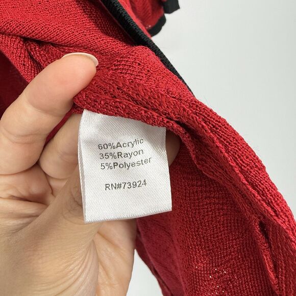 Ming Wang Womens Red Knit Cardigan Size 2X Black Trim Shoulder Pads Holiday - Picture 6 of 10